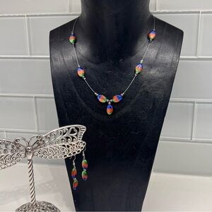 Rainbow Color Cat’s Eye Stone Wire Strung Necklace and Dangle Drop Earrings Set